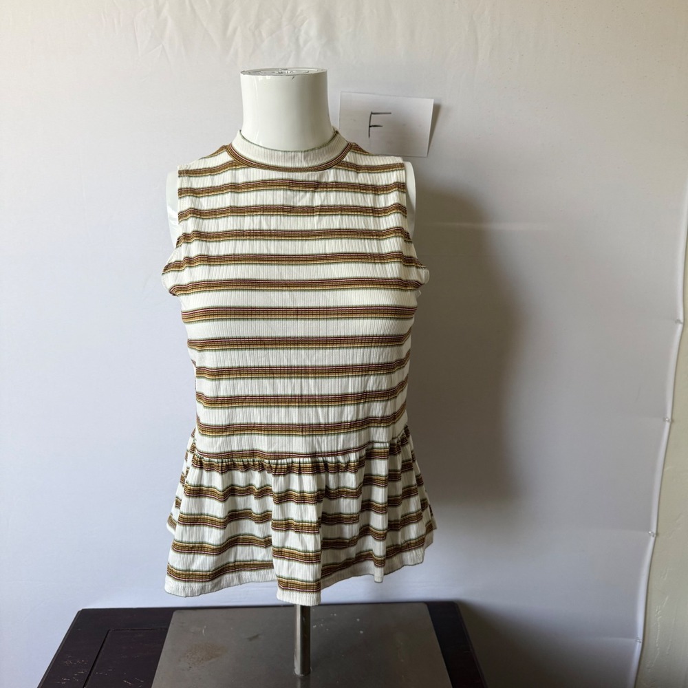 Ragdoll Top Sleeveless Peplum Mock Neck Striped Ribbed Knit White Green M